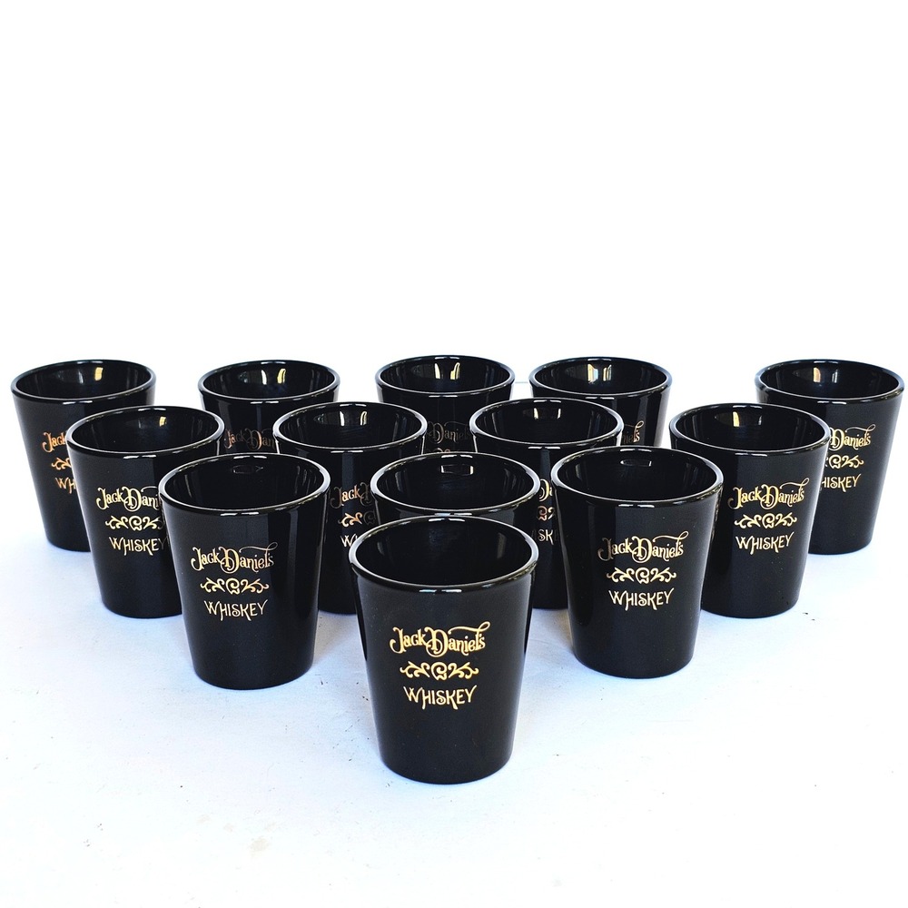Jack Daniel's Black Shot Glass Set of 13 Gold Logo Whiskey Barware Man Cave Vtg